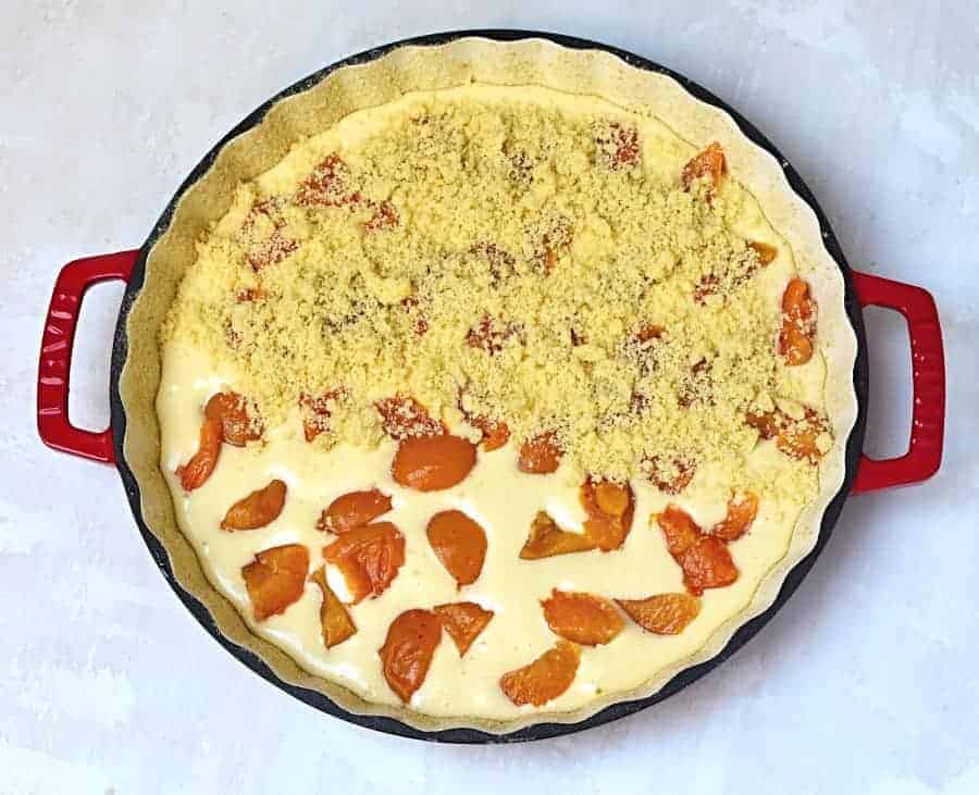 apricot coffee cake in a red pan