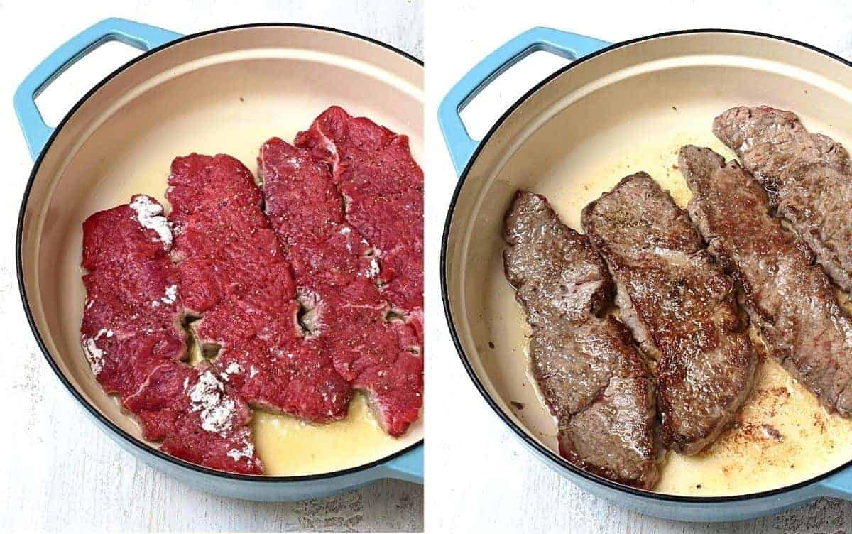 searing beef steaks in a pan