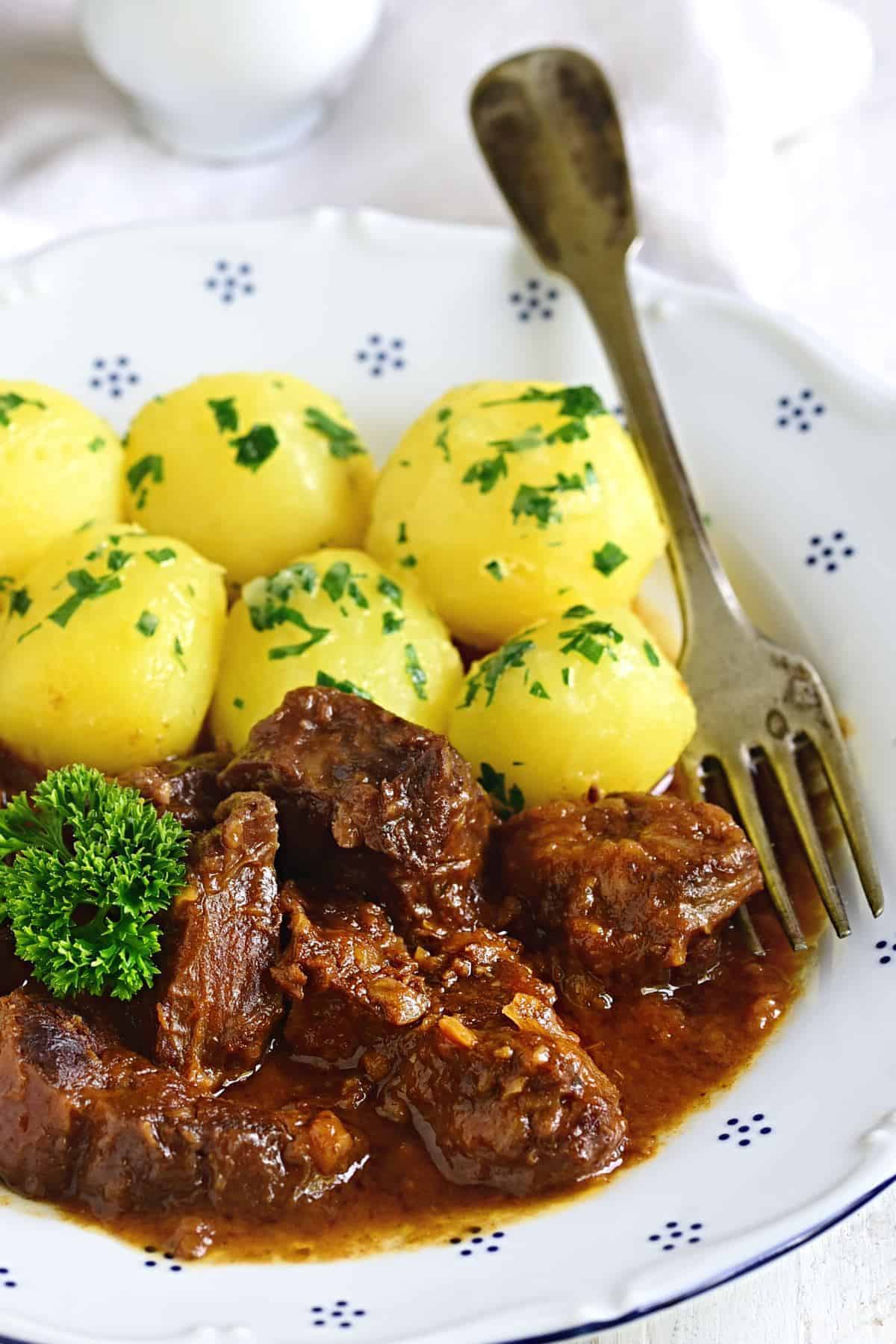 austrian viennese goulash with boiled potatoes.