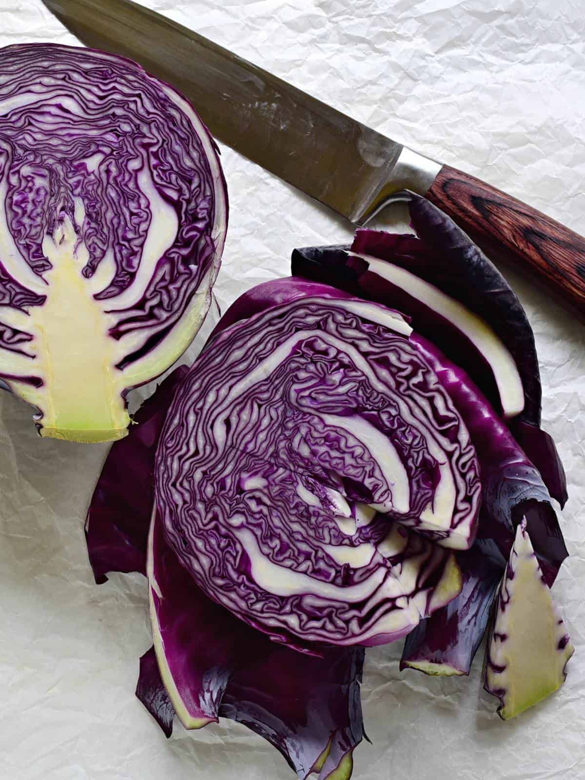 cutting red cabbage head