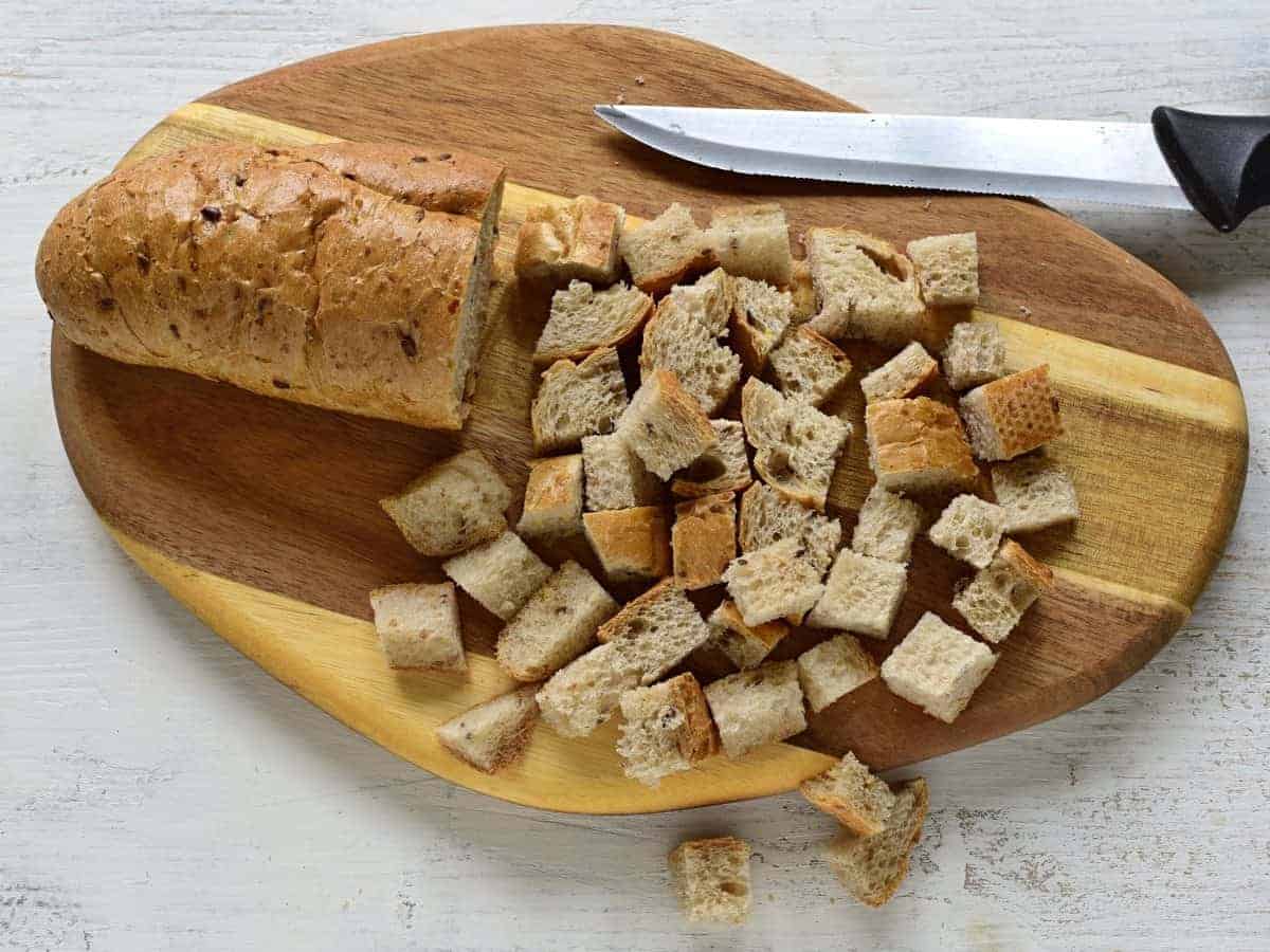 cubed old bread for croutons