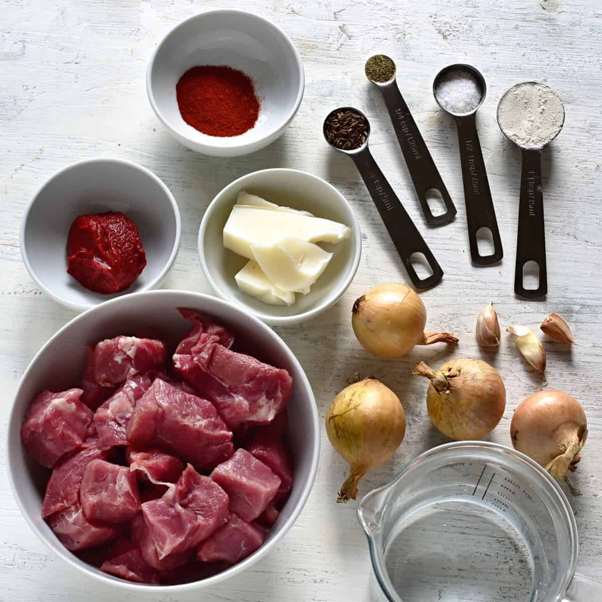 Czech pork goulash ingredients.
