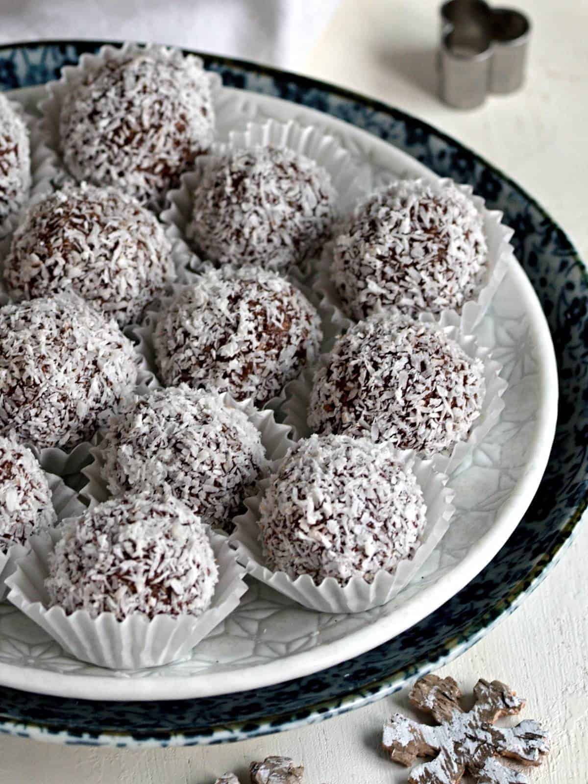 Coconut balls served on a plate.