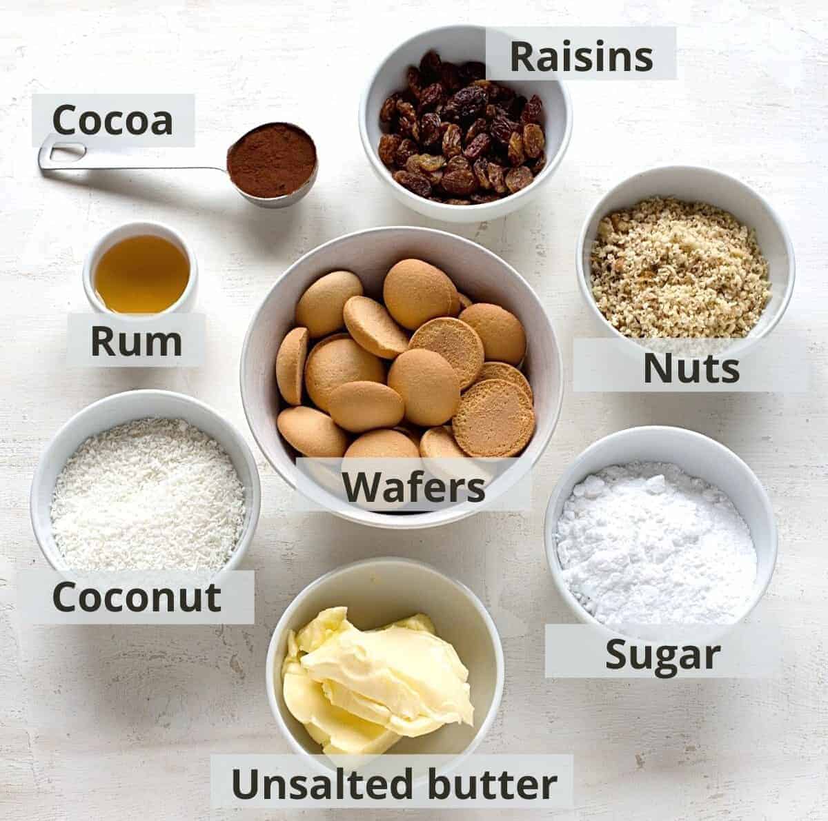 Listed ingredients for rum balls.